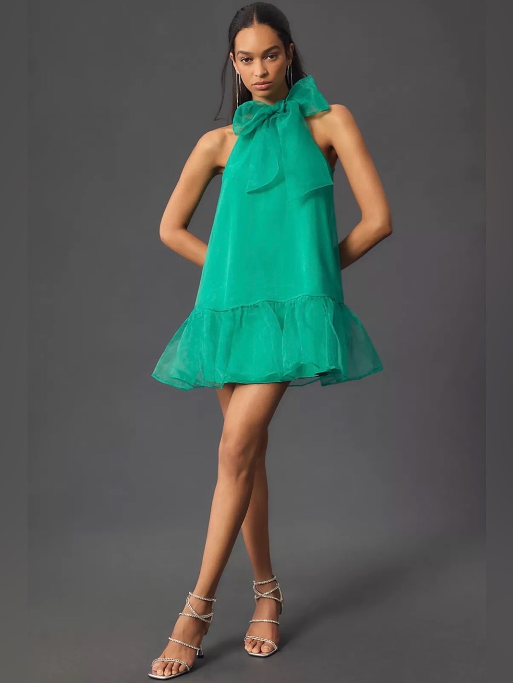 Maeve by Anthropologie Organza Bow-Neck Kelly Green Halter Tie Mini Dress